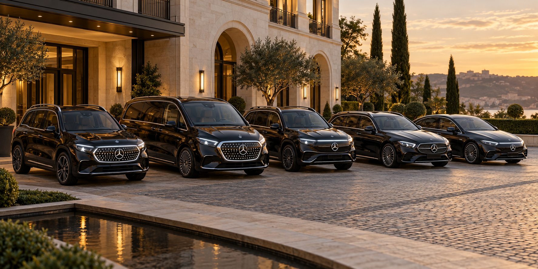 Five Mercedes parked diagonally: GLB, VLE, EQB, E-Class estate and EQE — illustrative composition